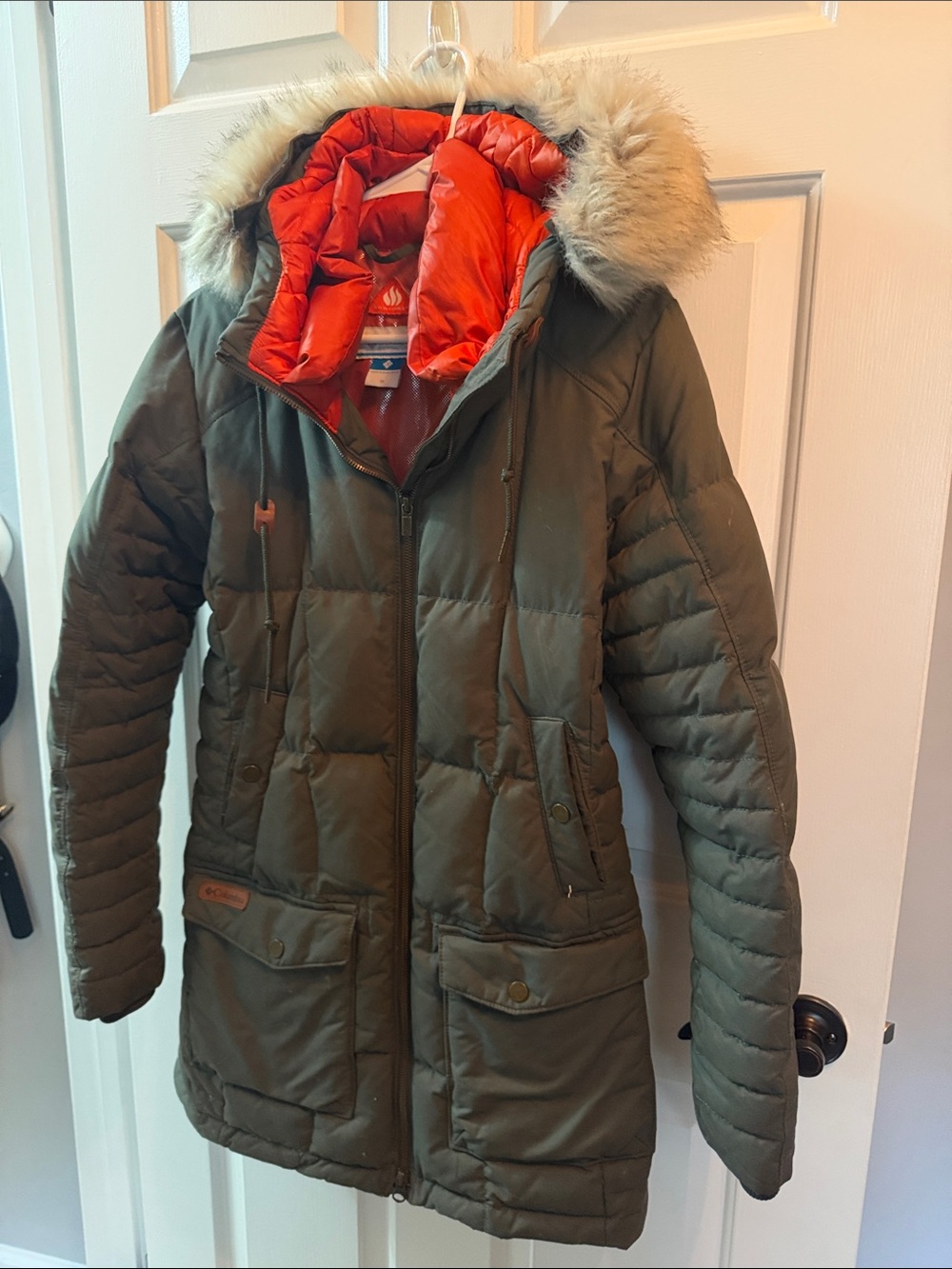 Columbia Olive Green Puffer Parka with Orange Lining and Faux Fur Trim